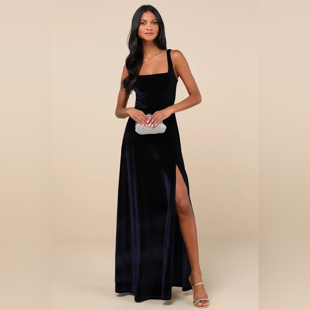Lulus Graceful Invite Navy Blue Velvet Square Neck Lace-Up Maxi Dress